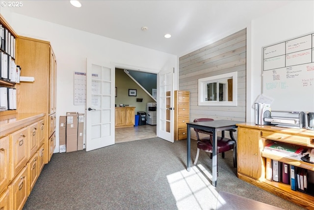 16800 NE Mcdougall Rd, Dayton, OR 97114 - home office featuring french doors, carpet flooring, recessed lighting, and wooden walls