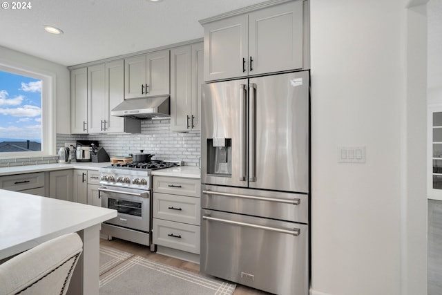 kitchen with light wood-style flooring, under cabinet range hood, stainless steel appliances, light countertops, and decorative backsplash