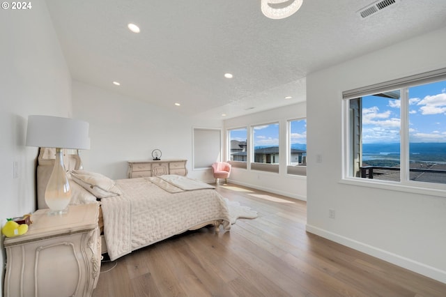 bedroom featuring visible vents, a textured ceiling, baseboards, and wood finished floors