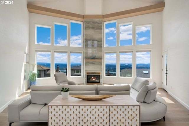 living room featuring baseboards, wood finished floors, a towering ceiling, and a fireplace