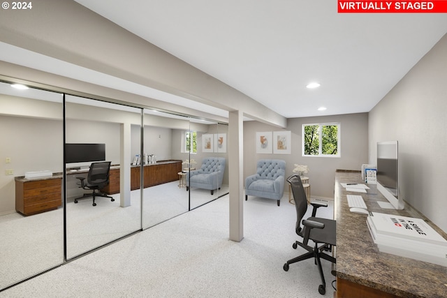 carpeted office featuring recessed lighting