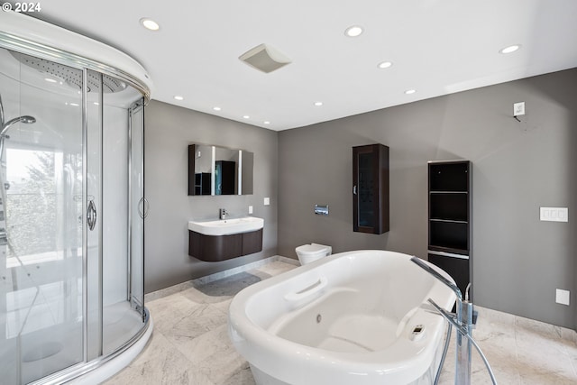 full bathroom featuring a jetted tub, recessed lighting, a stall shower, and marble finish floor