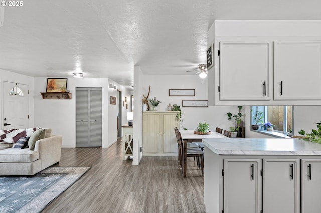 kitchen featuring light wood-type flooring, light countertops, open floor plan, ceiling fan, and a textured ceiling