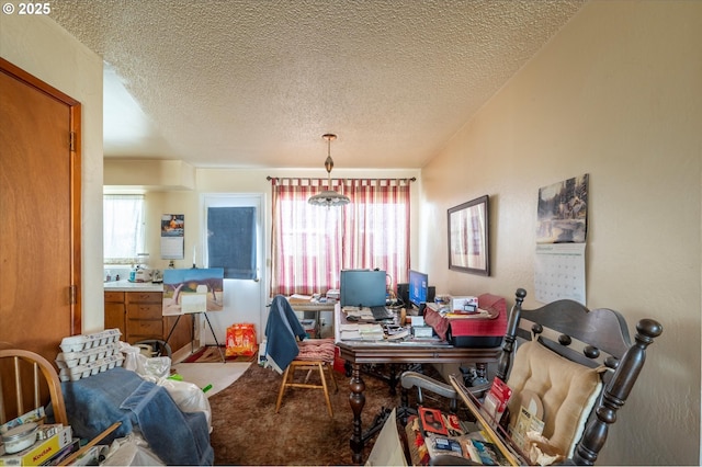 dining room with carpet flooring and a textured ceiling