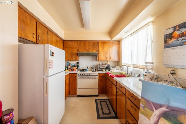 kitchen with sink, white appliances, and ventilation hood