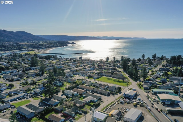 bird's eye view featuring a water and mountain view