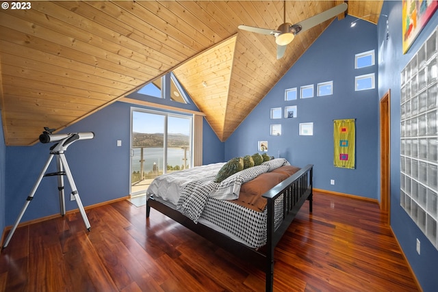 bedroom with high vaulted ceiling, dark hardwood / wood-style flooring, wooden ceiling, and ceiling fan