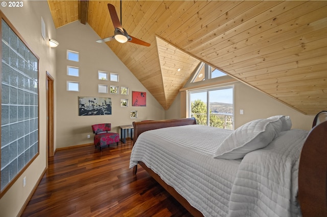 bedroom featuring access to exterior, ceiling fan, wood ceiling, lofted ceiling with beams, and dark wood-type flooring