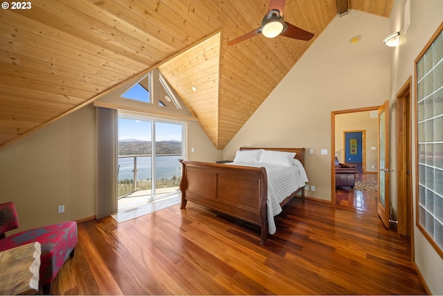 bedroom with a water view, access to exterior, wood-type flooring, ceiling fan, and wood ceiling