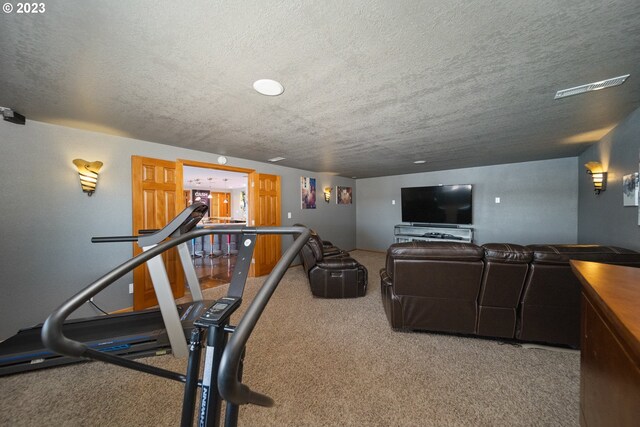 exercise room with a textured ceiling and carpet floors