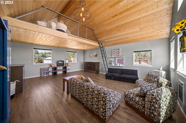 living room with wood ceiling and dark hardwood / wood-style flooring