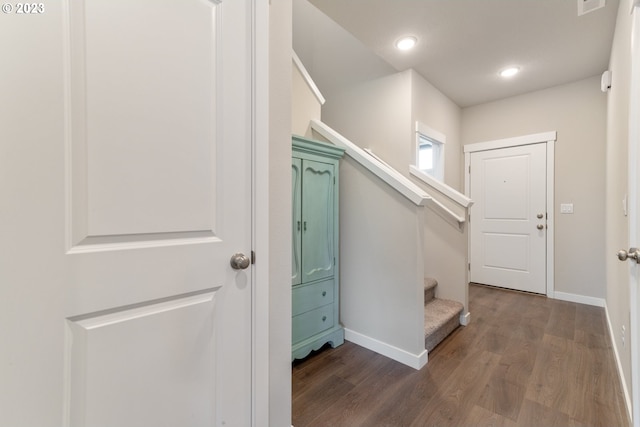 1647 N Millican Creek St, Lafayette, OR 97127 - foyer entrance featuring dark wood-style floors, stairs, and recessed lighting