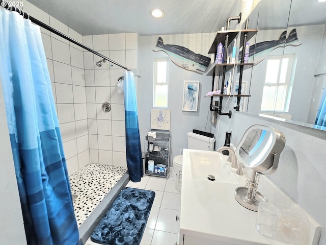 2951 NE Yount Ave, Roseburg, OR 97470 - full bathroom featuring tiled shower, tile patterned flooring, toilet, vanity, and recessed lighting