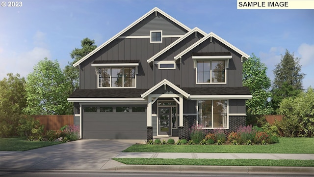 craftsman inspired home featuring a garage and a front lawn