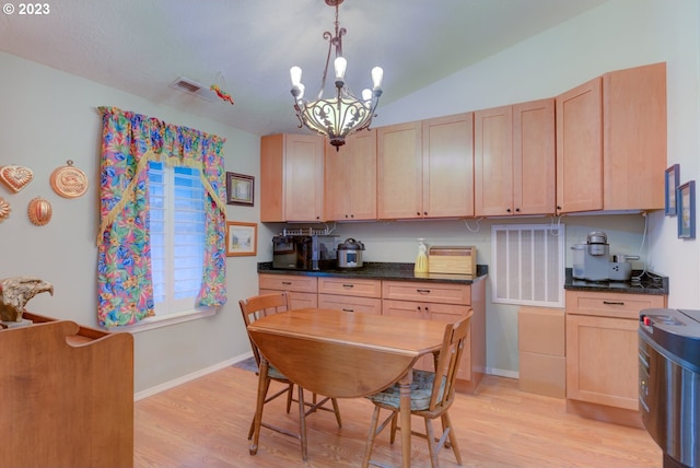 kitchen featuring hanging light fixtures, an inviting chandelier, light wood-type flooring, vaulted ceiling, and light brown cabinetry