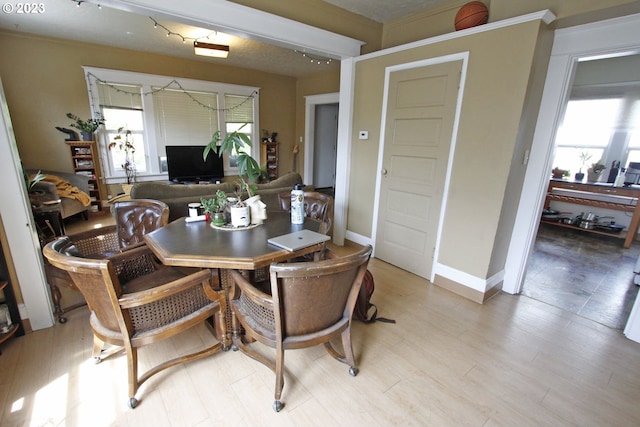 dining space with light hardwood / wood-style floors and a wealth of natural light