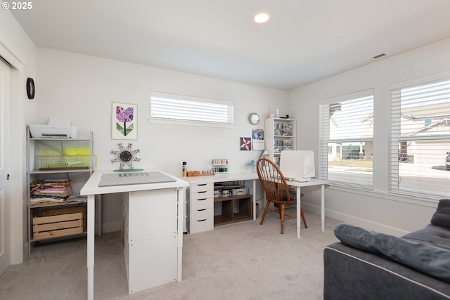 office space featuring recessed lighting, visible vents, light carpet, and baseboards