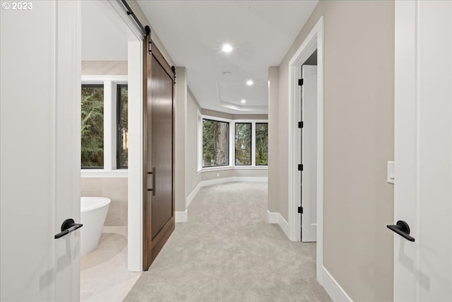 hallway with a barn door and light colored carpet