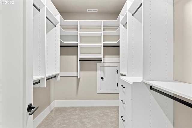 spacious closet featuring light carpet