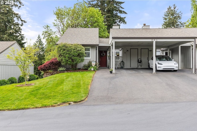ranch-style home with a shingled roof, a front lawn, board and batten siding, and a chimney