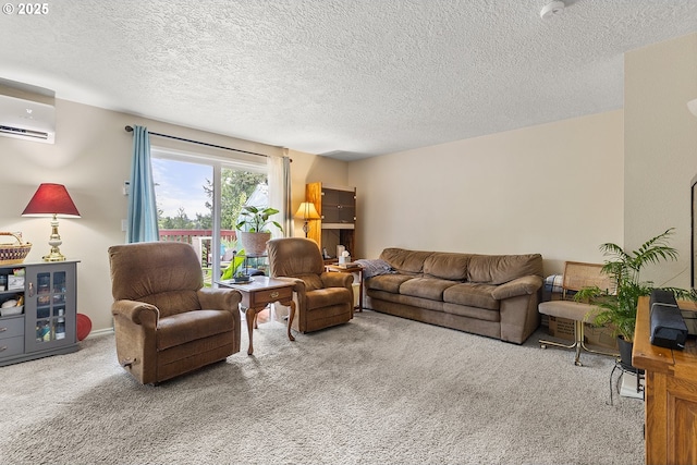 living area featuring carpet floors, an AC wall unit, and a textured ceiling
