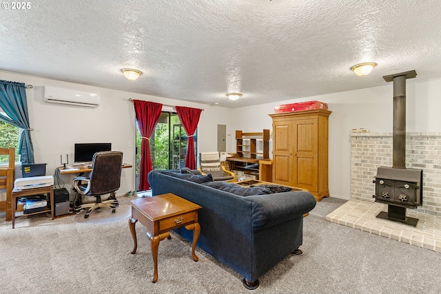 living area with a wall mounted AC, a wood stove, a textured ceiling, and light colored carpet