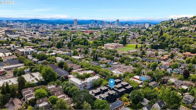 drone / aerial view featuring a mountain view