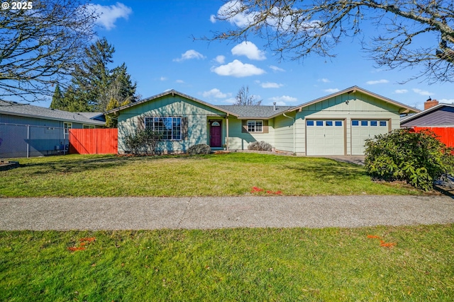 single story home with a garage, fence, and a front yard