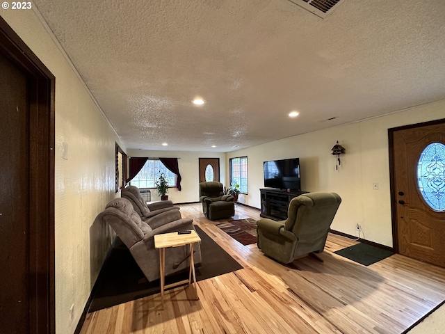 living room featuring a textured ceiling and light hardwood / wood-style flooring