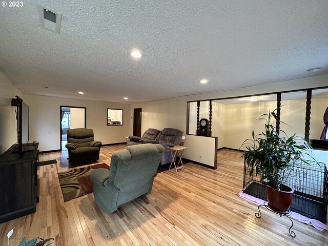 living room with a textured ceiling and light hardwood / wood-style flooring