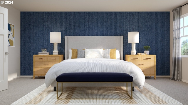 1717 Seven Mile Ln, Albany, OR 97322 - carpeted bedroom with multiple windows, wallpapered walls, baseboards, and an accent wall