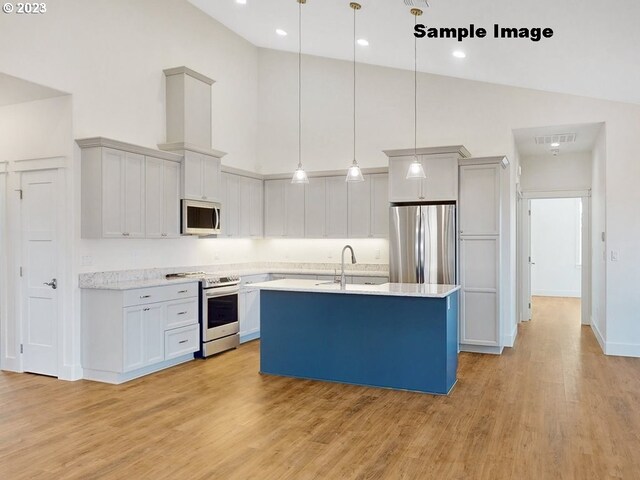 kitchen with pendant lighting, light hardwood / wood-style flooring, a towering ceiling, and stainless steel appliances