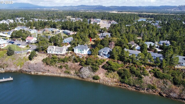 bird's eye view featuring a water and mountain view