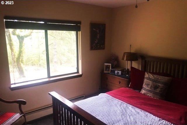 bedroom with multiple windows and a baseboard heating unit