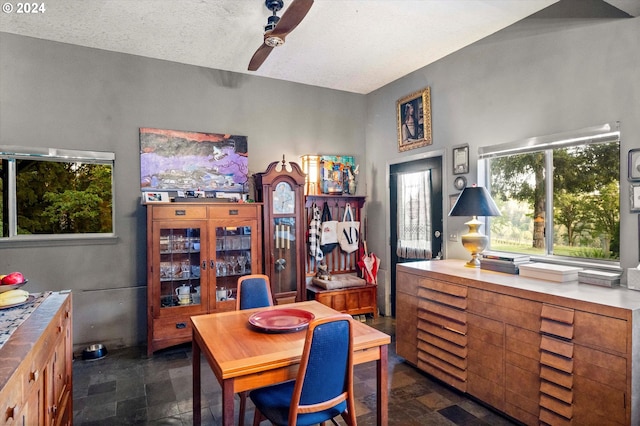 dining area with ceiling fan and a textured ceiling