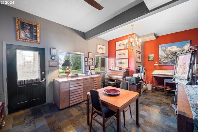 office space featuring beamed ceiling and a chandelier