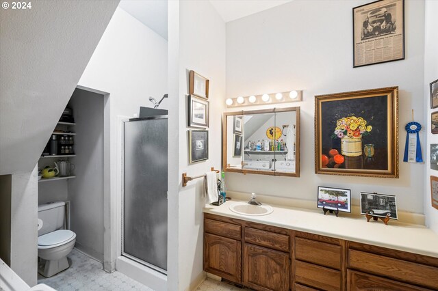 bathroom with vanity, toilet, and a shower with shower door