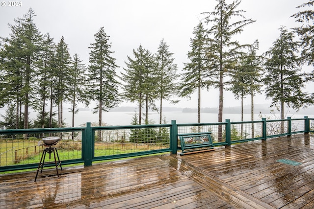 wooden terrace with a water view