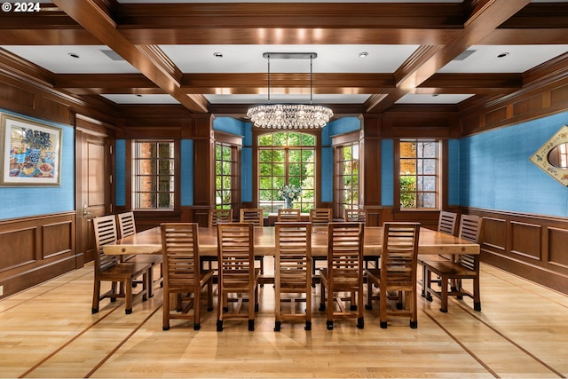 dining area with crown molding, coffered ceiling, beam ceiling, and a notable chandelier