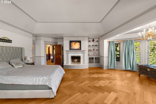 bedroom featuring lofted ceiling, parquet floors, a notable chandelier, and ornamental molding