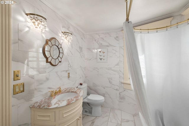 bathroom with tile walls, marble finish floor, and ornamental molding