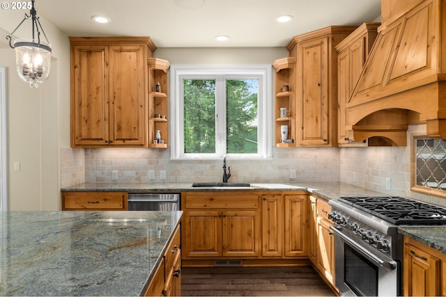 4425 SW 47th Dr, Portland, OR 97221 - kitchen with appliances with stainless steel finishes, open shelves, a sink, dark wood finished floors, and dark stone counters