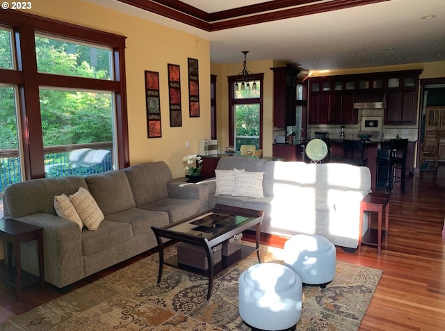 living room featuring crown molding and wood-type flooring