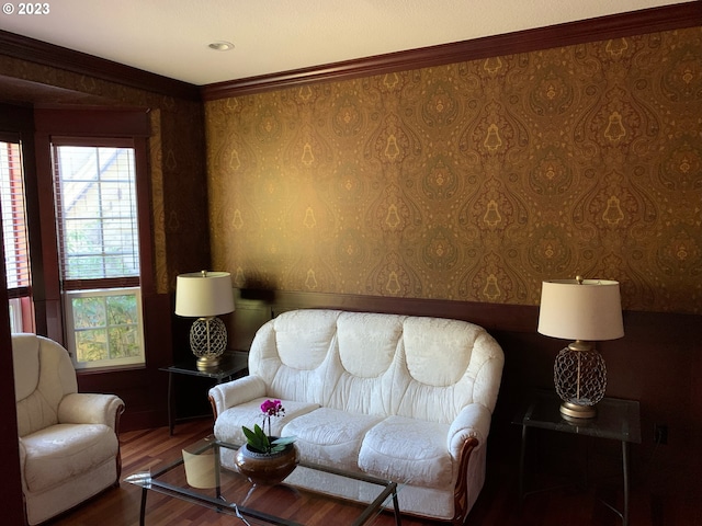 living room featuring ornamental molding and hardwood / wood-style flooring