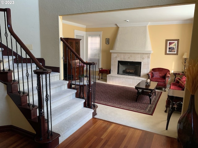 living room featuring wood-type flooring, ornamental molding, and a fireplace