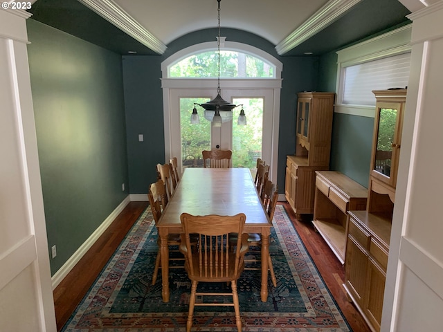 dining room featuring lofted ceiling and dark hardwood / wood-style floors