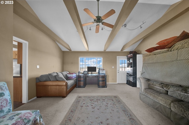 living room featuring light carpet, vaulted ceiling with beams, and ceiling fan