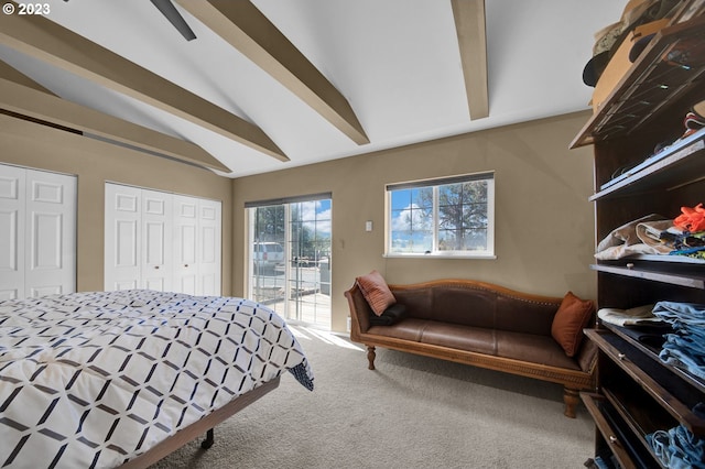 bedroom featuring ceiling fan, carpet flooring, access to outside, and vaulted ceiling with beams