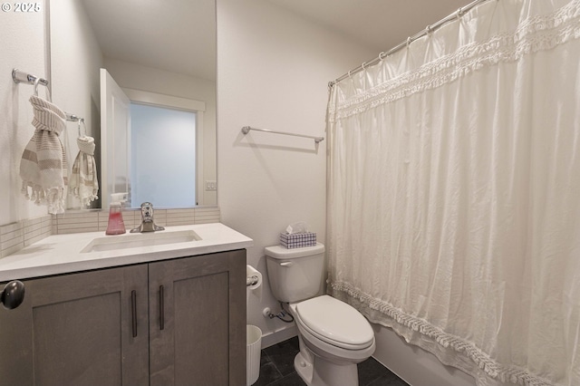 11492 SE Mt Talbert Ave, Happy Valley, OR 97086 - full bathroom featuring toilet, vanity, decorative backsplash, shower / bath combo, and tile patterned floors