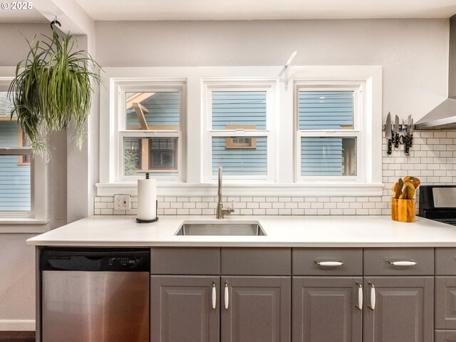 1405 NE 47th Ave, Portland, OR 97213 - kitchen with dishwasher, gray cabinetry, decorative backsplash, and light countertops